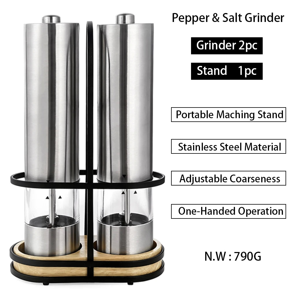 One-handed Operation Spice Grain Mill Grinding Tool Portable Stainless Steel Electric Salt and Pepper Grinder With Led Light