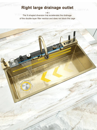 JLink Customized Brushed Gold 1000X500MM Large Modern Single Bowl Kitchen Multifunctional Faucet Stainless Steel Left Sink
