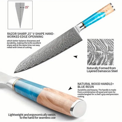 Damascus Chef Knife Blue Resin Wood Handle Damascus Kitchen Slicer Meat Vegetable Cleaver Slicing Knife