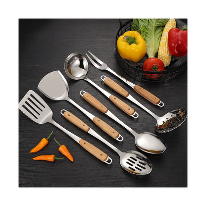 7PCS Stainless Steel Utensils Non-slip Heat  Resistant Kitchen Accessories Cooking Tool With Wooden Handle
