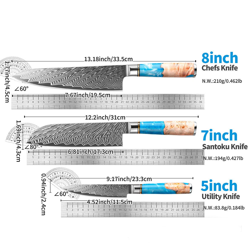 Blue Resin Wood Handle Damascus Kitchen Knife Set Vegetables Slicer Chef Nakiri Knives