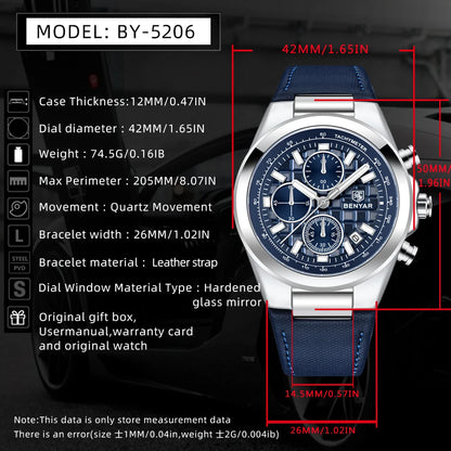2025 New BENYAR Men's Watches Top Brand Luxury Watch For Men Chronograph Quartz Wristwatch Clock Waterproof Leather Reloj Hombre