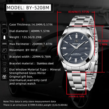 BENYAR 2024 Sand Dia 40MM Relógio Mecânico em Aço Inoxidável 316L Simples e Resistente à Água até 5 Bar - Relógio de Pulso Automático para Homem