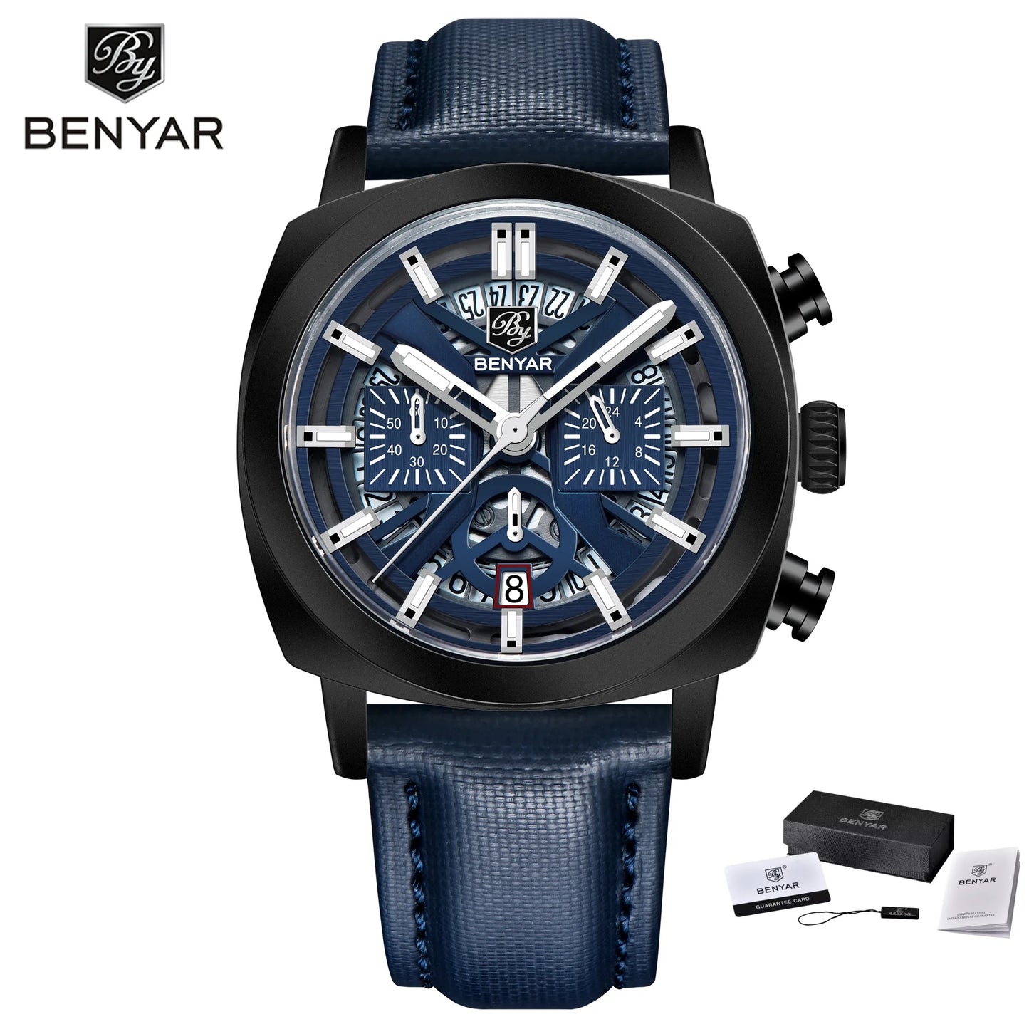 Benyar Design 2024 Men's Quartz Watch 43mm Luminous Dial 50m Water Resistant Anti-Reflective Chronograph Fashionable New