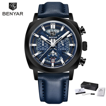Benyar Design 2024 Men's Quartz Watch 43mm Luminous Dial 50m Water Resistant Anti-Reflective Chronograph Fashionable New