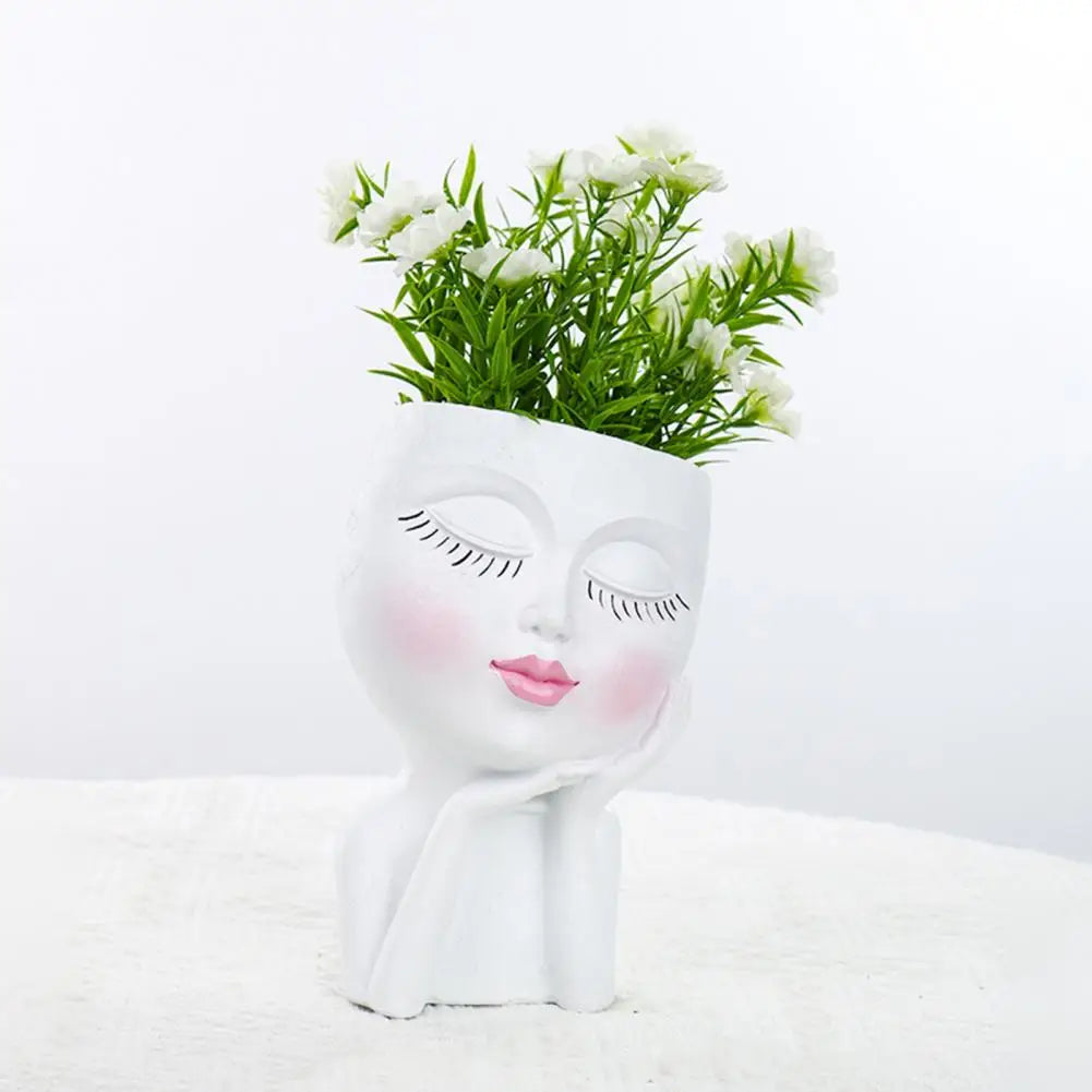 Face Flower Pot Sleeping Beauty Smooth Edge Human Head Planter Decorative Artistic Resin Drainage Plant Pot For Garden