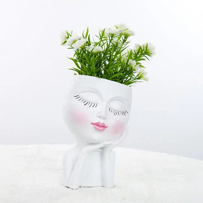 Face Flower Pot Sleeping Beauty Smooth Edge Human Head Planter Decorative Artistic Resin Drainage Plant Pot For Garden