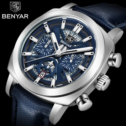 Benyar Design 2024 Men's Quartz Watch 43mm Luminous Dial 50m Water Resistant Anti-Reflective Chronograph Fashionable New