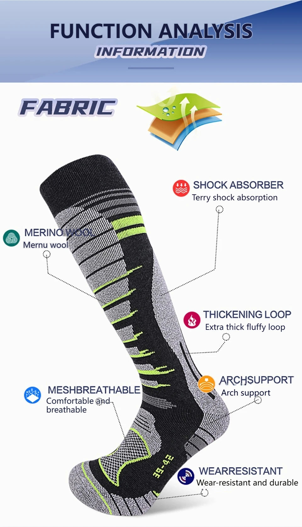 GTUBIKE 1 Pair Merino Wool Winter Men Warm Ski Socks Thicker Sports Snowboard Cycling Soccer Socks High Elastic Thermal Socks