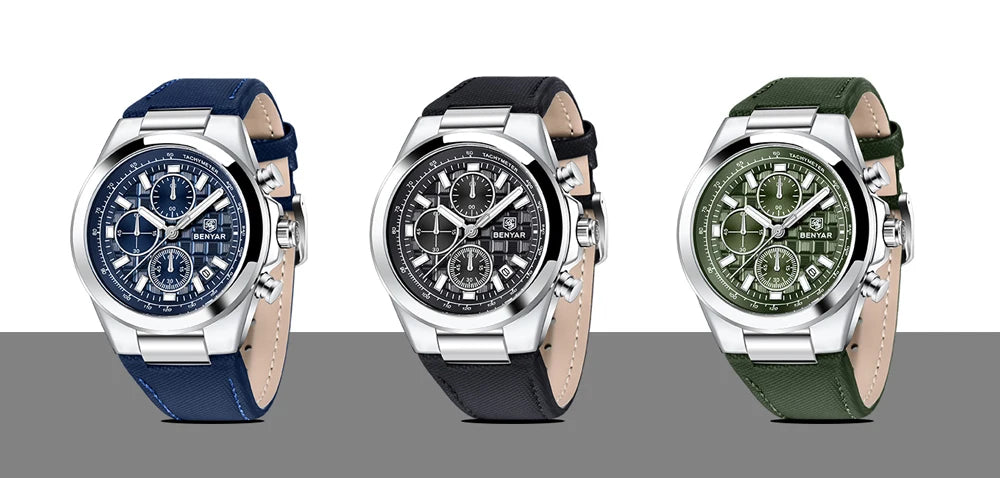 2025 New BENYAR Men's Watches Top Brand Luxury Watch For Men Chronograph Quartz Wristwatch Clock Waterproof Leather Reloj Hombre