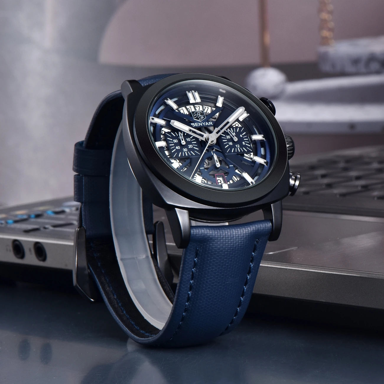 Benyar Design 2024 Men's Quartz Watch 43mm Luminous Dial 50m Water Resistant Anti-Reflective Chronograph Fashionable New