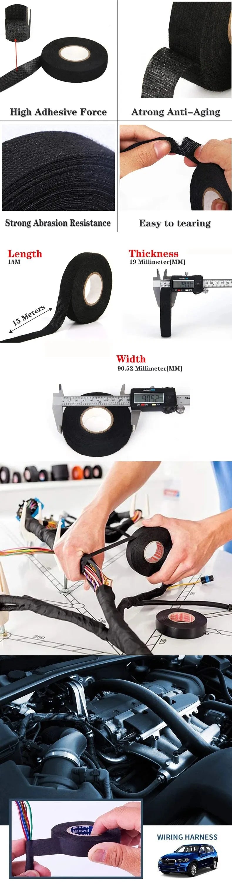 Fita adesiva de tecido Coroplast resistente ao calor e retardante de chamas, com 15 metros de comprimento, para proteção de cablagens e cablagem automóvel.