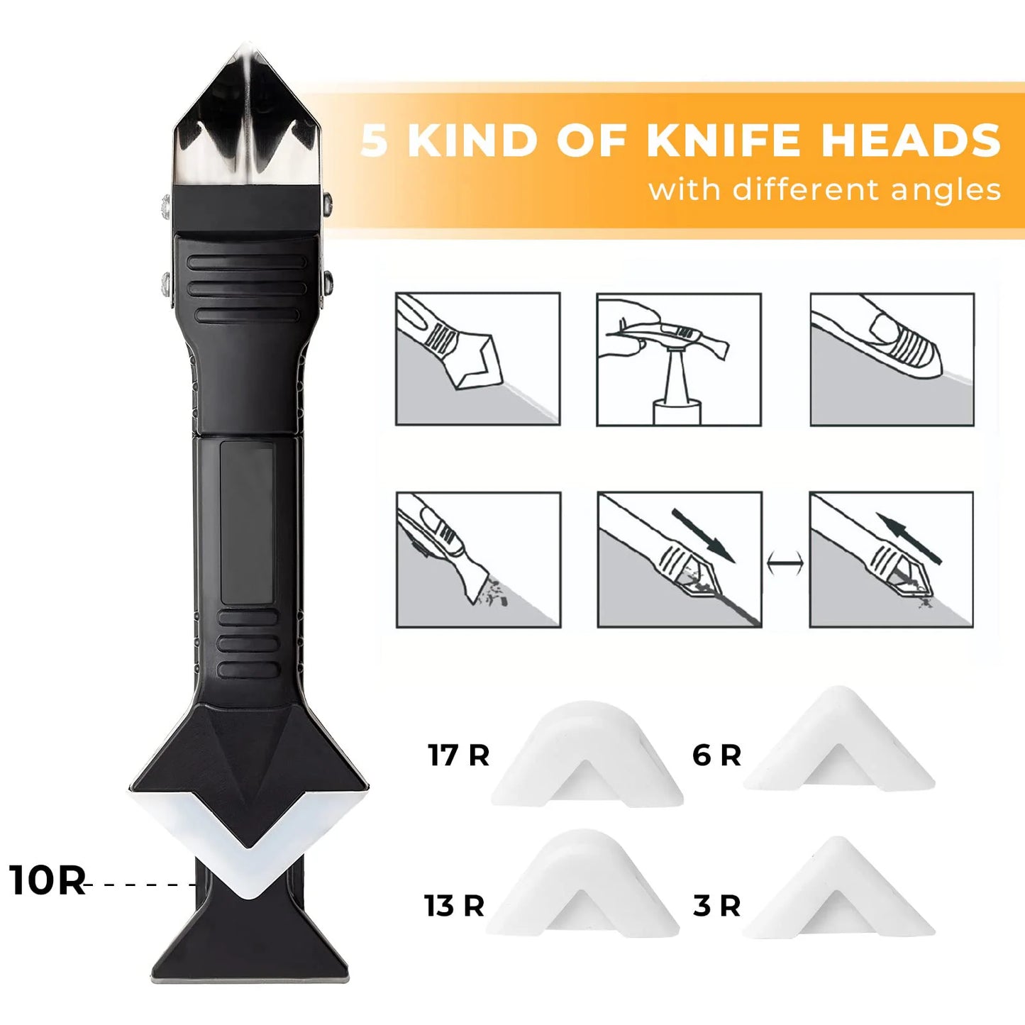 5 in 1 Metal Head Shovel Glue Tool Kit: Silicone Spatula, Caulk Remover, Grout Removal, Sealant Finishing & Corner Scrap