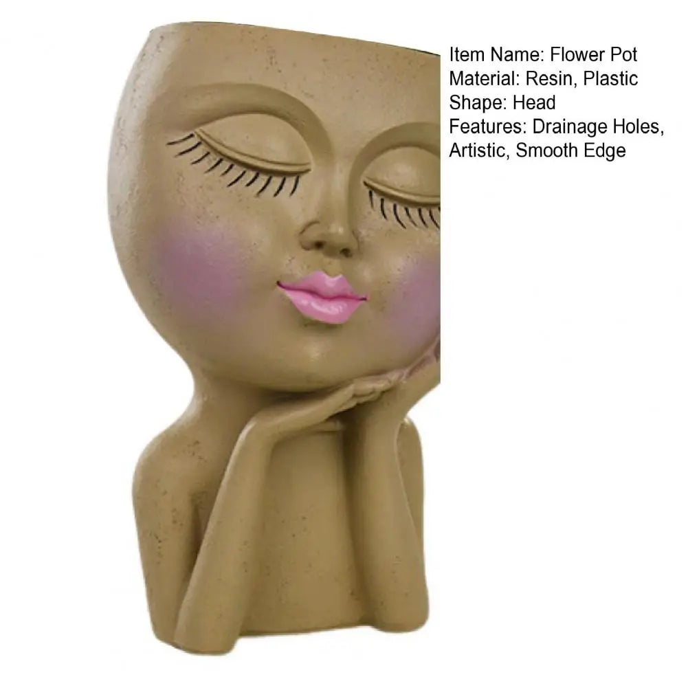Face Flower Pot Sleeping Beauty Smooth Edge Human Head Planter Decorative Artistic Resin Drainage Plant Pot For Garden