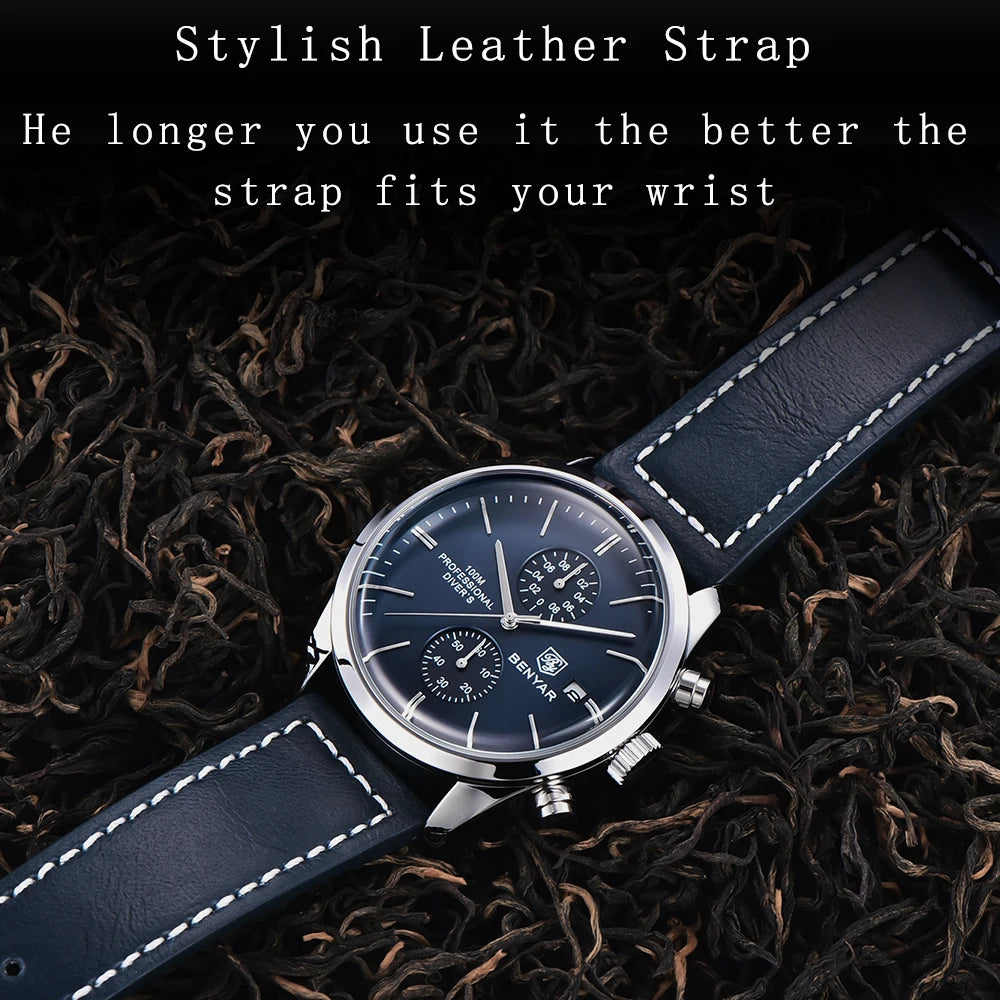 Relógio de pulso de homem BENYAR, modelo 2024, em pele, quartzo, marca de luxo, resistente à água até 100 metros, estilo militar desportivo, cronógrafo.