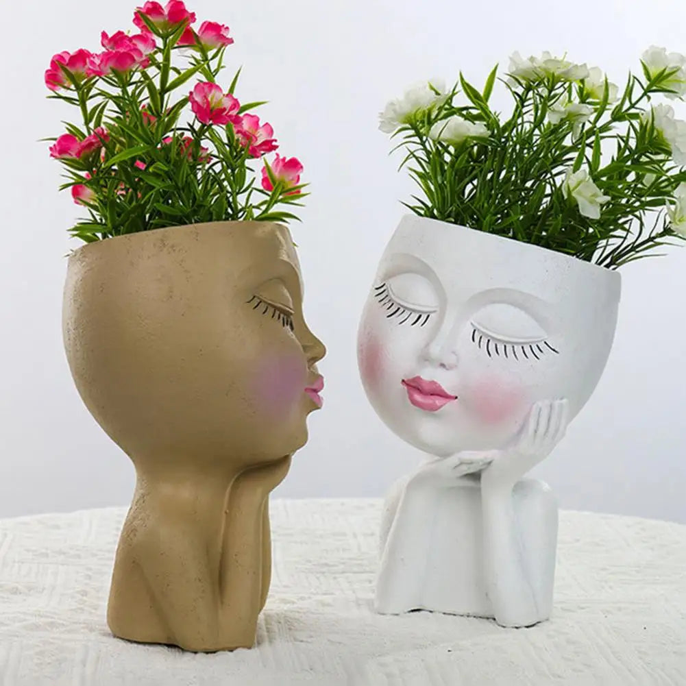 Face Flower Pot Sleeping Beauty Smooth Edge Human Head Planter Decorative Artistic Resin Drainage Plant Pot For Garden