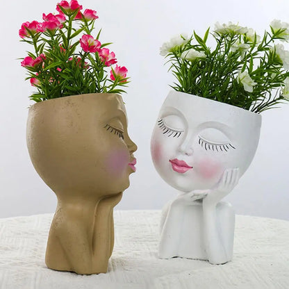 Face Flower Pot Sleeping Beauty Smooth Edge Human Head Planter Decorative Artistic Resin Drainage Plant Pot For Garden