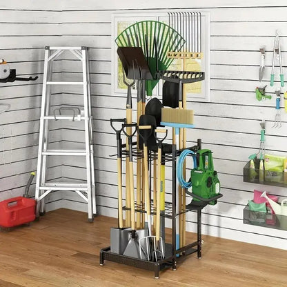 Heavy Duty Black Metal Garden Tool Organizer Rack Long-Handled Hooks Durable Outdoor Storage Stand for Shovels Brooms Tools for
