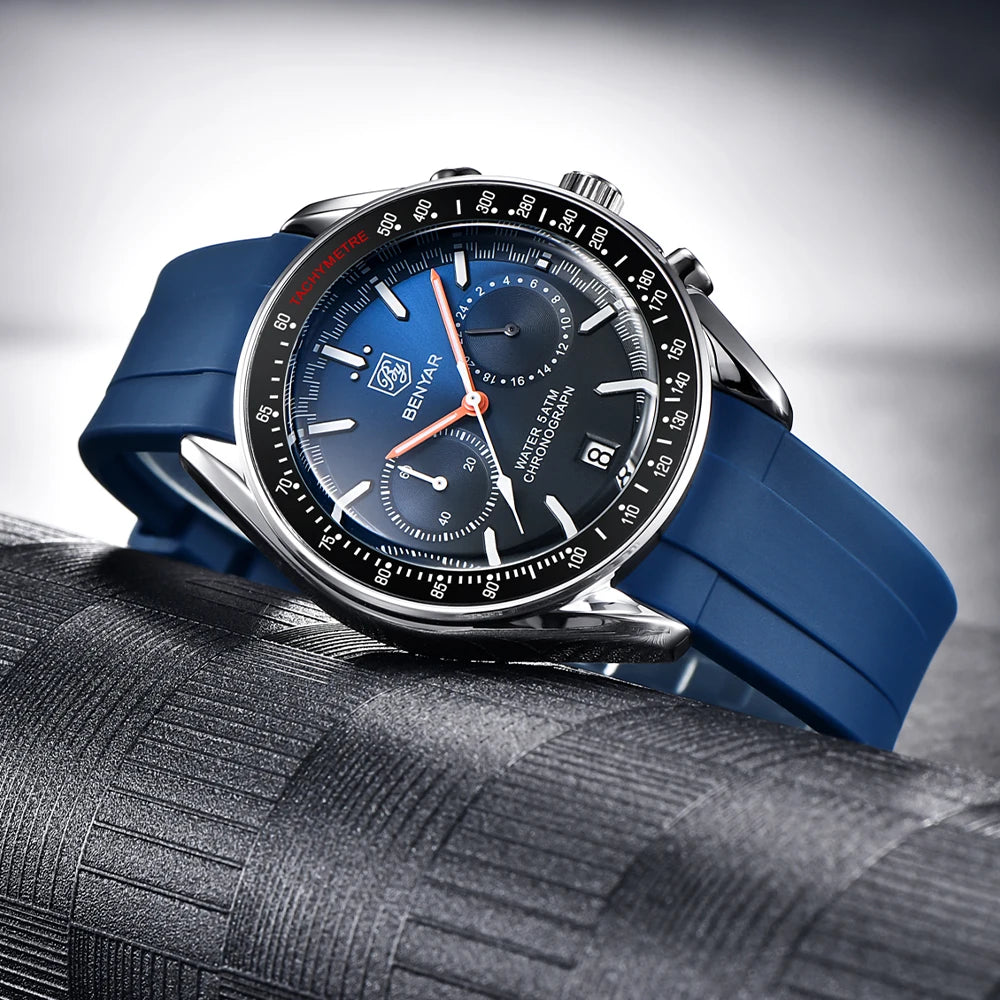 BENYAR Novo Relógio de Pulso de Luxo para Homem com Quartzo, Marca Topo, Resistente à Água até 50M, Bracelete em Aço Inoxidável, Relógio Cronógrafo Casual para Homem