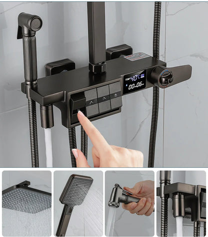 Grey Thermostatic Piano Digital Bathroom Shower Set 12 Inch Rain Shower Head Hot Cold Digital Bathroom Shower Set Accessories