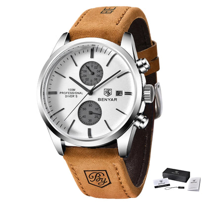 Relógio de pulso de homem BENYAR, modelo 2024, em pele, quartzo, marca de luxo, resistente à água até 100 metros, estilo militar desportivo, cronógrafo.