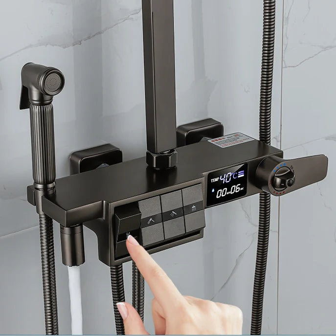 Grey Thermostatic Piano Digital Bathroom Shower Set 12 Inch Rain Shower Head Hot Cold Digital Bathroom Shower Set Accessories