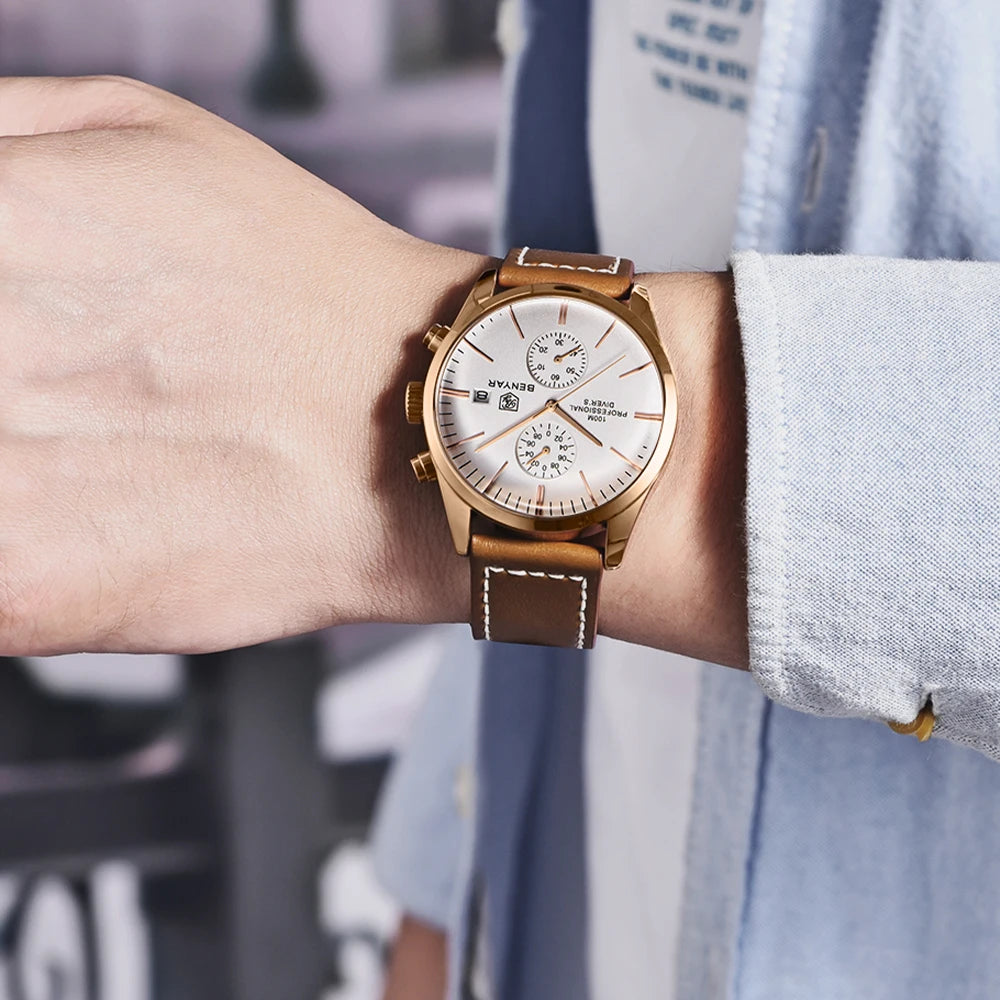 Relógio de pulso de homem BENYAR, modelo 2024, em pele, quartzo, marca de luxo, resistente à água até 100 metros, estilo militar desportivo, cronógrafo.