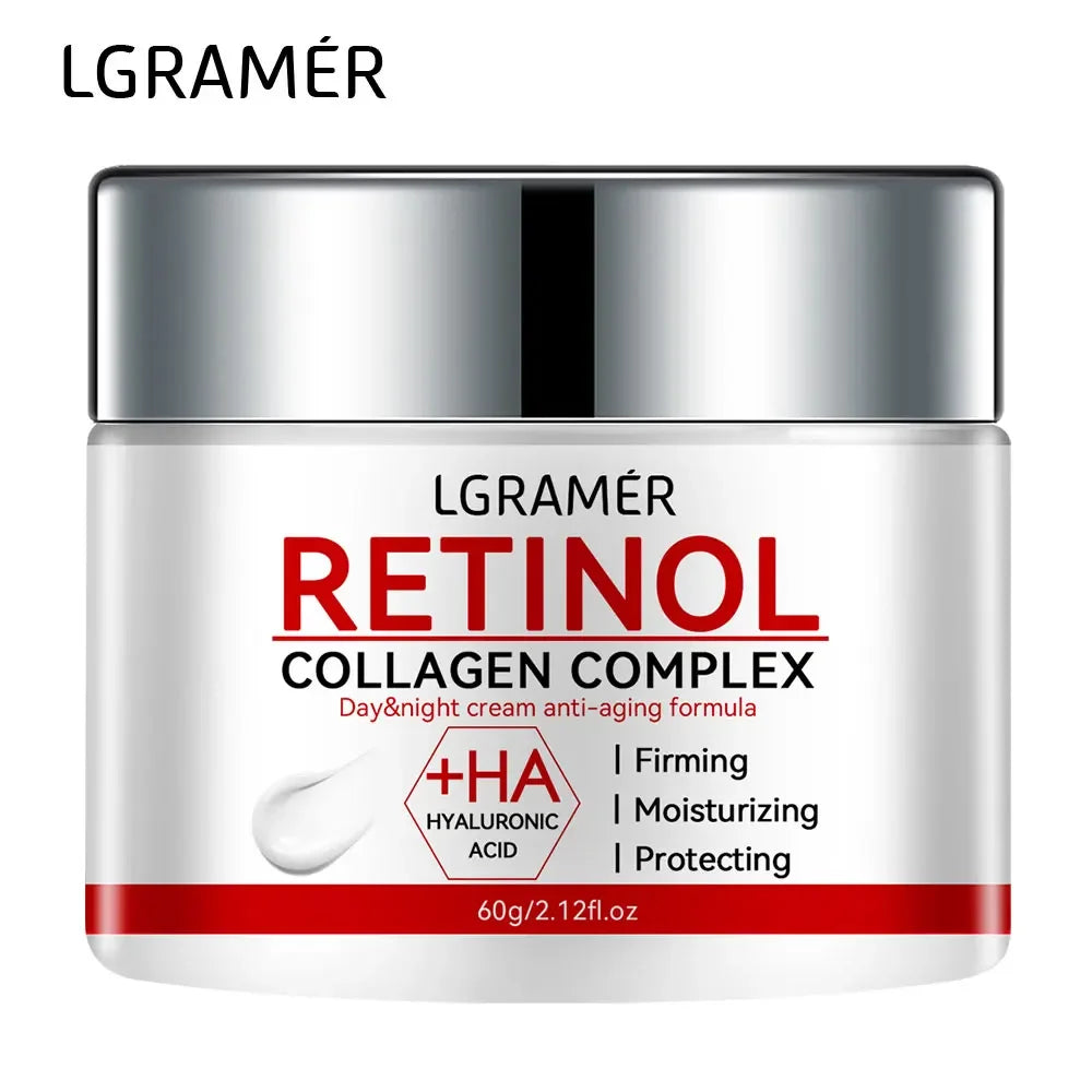 Creme facial refirmante com retinol e colagénio para suavizar as rugas, hidratar, clarear e iluminar a pele.