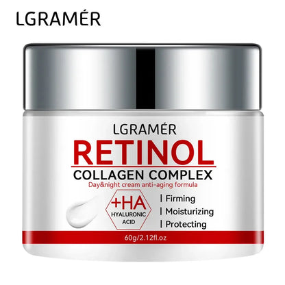 Creme facial refirmante com retinol e colagénio para suavizar as rugas, hidratar, clarear e iluminar a pele.