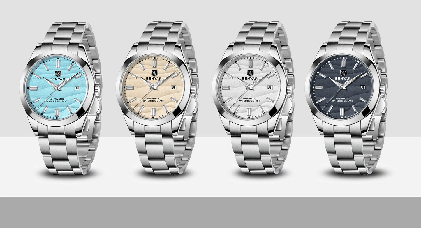 BENYAR 2024 Sand Dia 40MM Relógio Mecânico em Aço Inoxidável 316L Simples e Resistente à Água até 5 Bar - Relógio de Pulso Automático para Homem