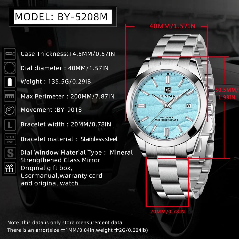 BENYAR 2024 Sand Dia 40MM Relógio Mecânico em Aço Inoxidável 316L Simples e Resistente à Água até 5 Bar - Relógio de Pulso Automático para Homem