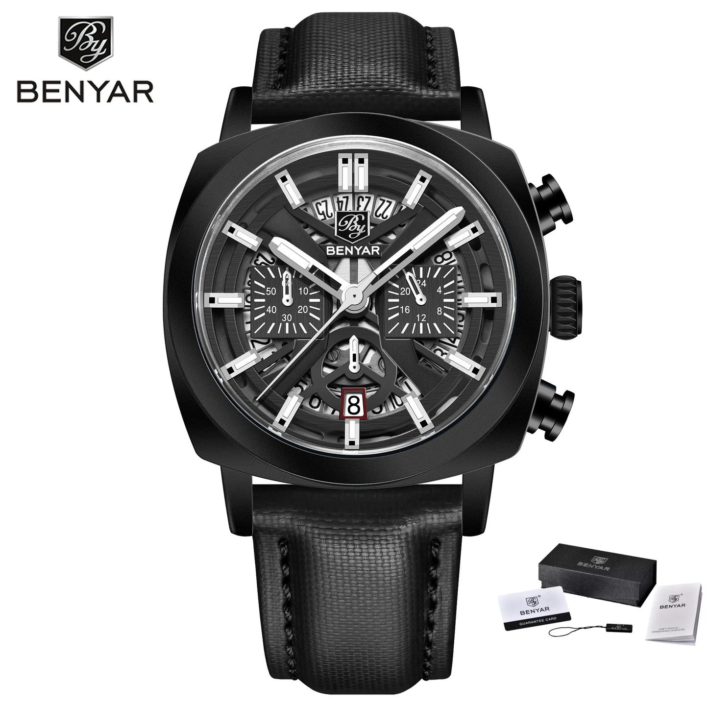 Benyar Design 2024 Men's Quartz Watch 43mm Luminous Dial 50m Water Resistant Anti-Reflective Chronograph Fashionable New