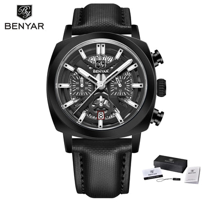 Benyar Design 2024 Men's Quartz Watch 43mm Luminous Dial 50m Water Resistant Anti-Reflective Chronograph Fashionable New
