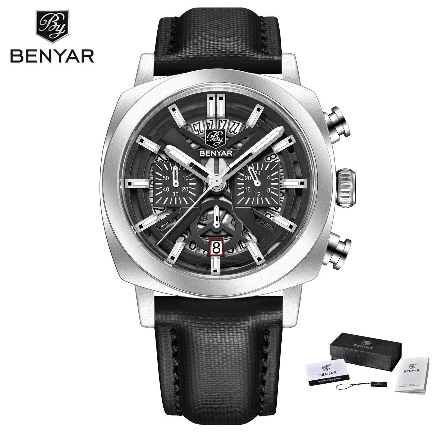 Benyar Design 2024 Men's Quartz Watch 43mm Luminous Dial 50m Water Resistant Anti-Reflective Chronograph Fashionable New