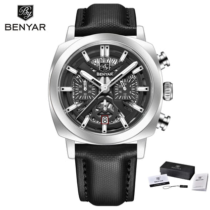 Benyar Design 2024 Men's Quartz Watch 43mm Luminous Dial 50m Water Resistant Anti-Reflective Chronograph Fashionable New