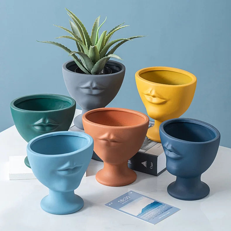 Vaso de flores criativo com formato de rosto, vaso de cerâmica para interiores, ornamento de mesa, decoração de casa, decoração de jardim, vaso para suculentas.