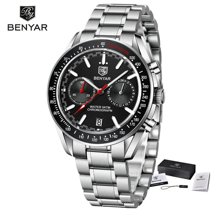 BENYAR Novo Relógio de Pulso de Luxo para Homem com Quartzo, Marca Topo, Resistente à Água até 50M, Bracelete em Aço Inoxidável, Relógio Cronógrafo Casual para Homem
