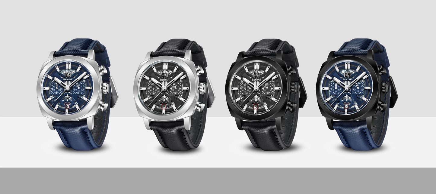 Benyar Design 2024 Men's Quartz Watch 43mm Luminous Dial 50m Water Resistant Anti-Reflective Chronograph Fashionable New