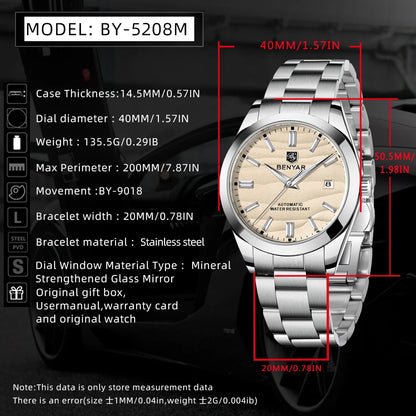 BENYAR 2024 Sand Dia 40MM Relógio Mecânico em Aço Inoxidável 316L Simples e Resistente à Água até 5 Bar - Relógio de Pulso Automático para Homem