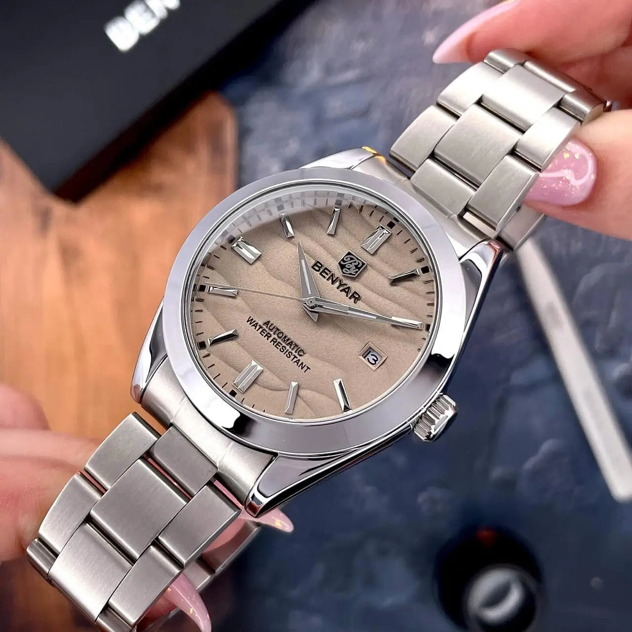 BENYAR 2024 Sand Dia 40MM Relógio Mecânico em Aço Inoxidável 316L Simples e Resistente à Água até 5 Bar - Relógio de Pulso Automático para Homem