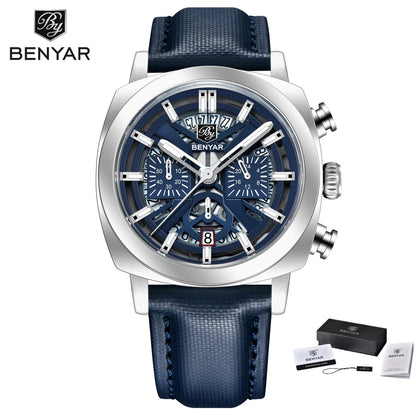 Benyar Design 2024 Men's Quartz Watch 43mm Luminous Dial 50m Water Resistant Anti-Reflective Chronograph Fashionable New