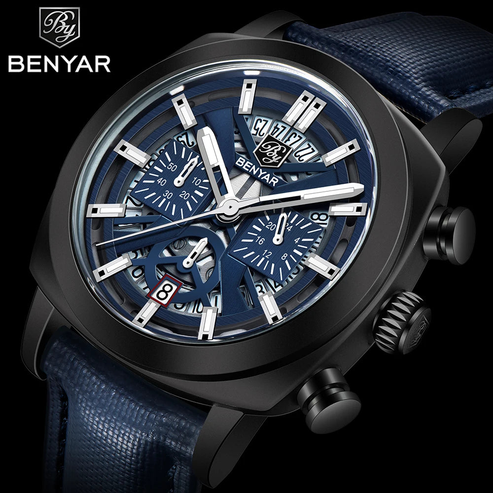 Benyar Design 2024 Men's Quartz Watch 43mm Luminous Dial 50m Water Resistant Anti-Reflective Chronograph Fashionable New