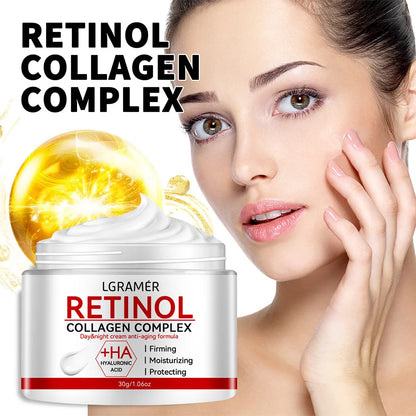 Creme facial refirmante com retinol e colagénio para suavizar as rugas, hidratar, clarear e iluminar a pele.