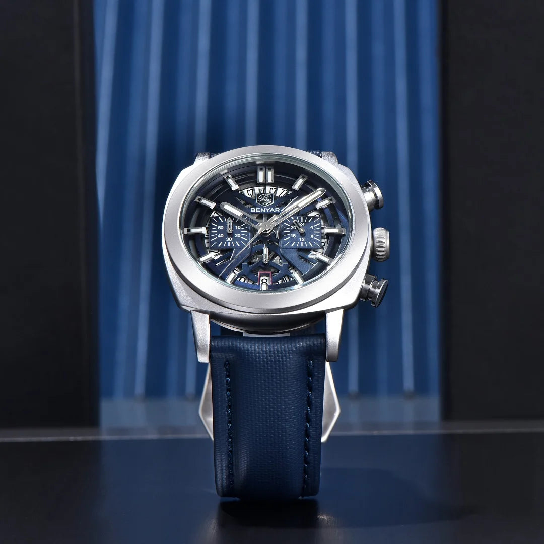 Benyar Design 2024 Men's Quartz Watch 43mm Luminous Dial 50m Water Resistant Anti-Reflective Chronograph Fashionable New