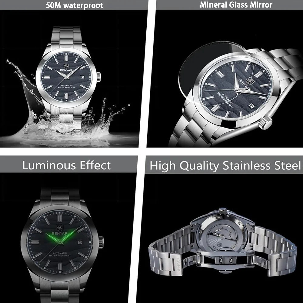 BENYAR 2024 Sand Dia 40MM Relógio Mecânico em Aço Inoxidável 316L Simples e Resistente à Água até 5 Bar - Relógio de Pulso Automático para Homem