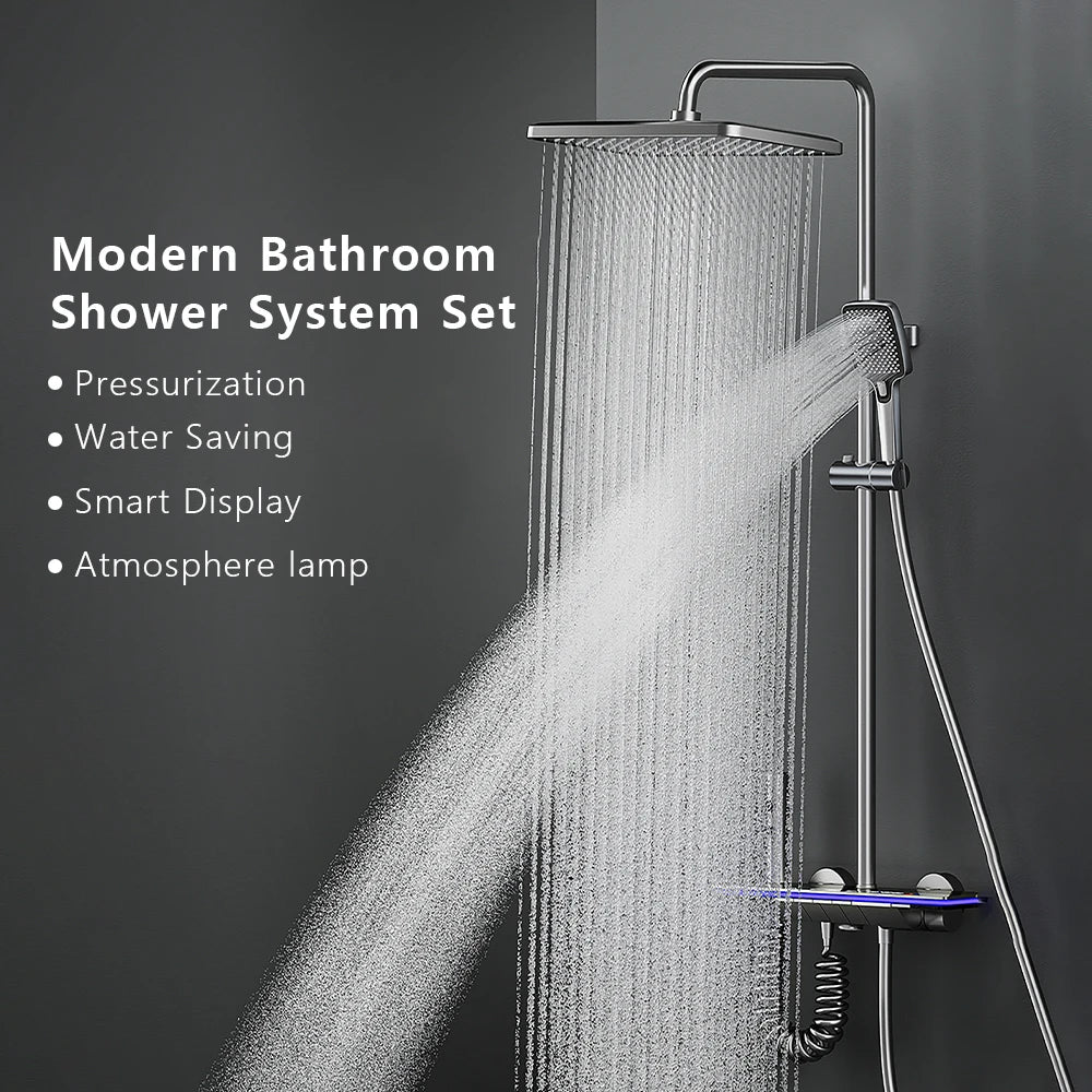 Bathroom Smart Shower System Set Bathtub Rainfall Digital Display Temperature Mixer Rain Shower Faucet Sets with Atmosphere Lamp