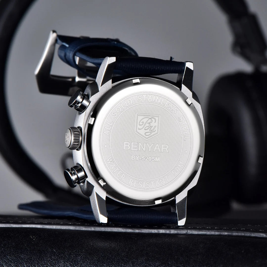 Benyar Design 2024 Men's Quartz Watch 43mm Luminous Dial 50m Water Resistant Anti-Reflective Chronograph Fashionable New