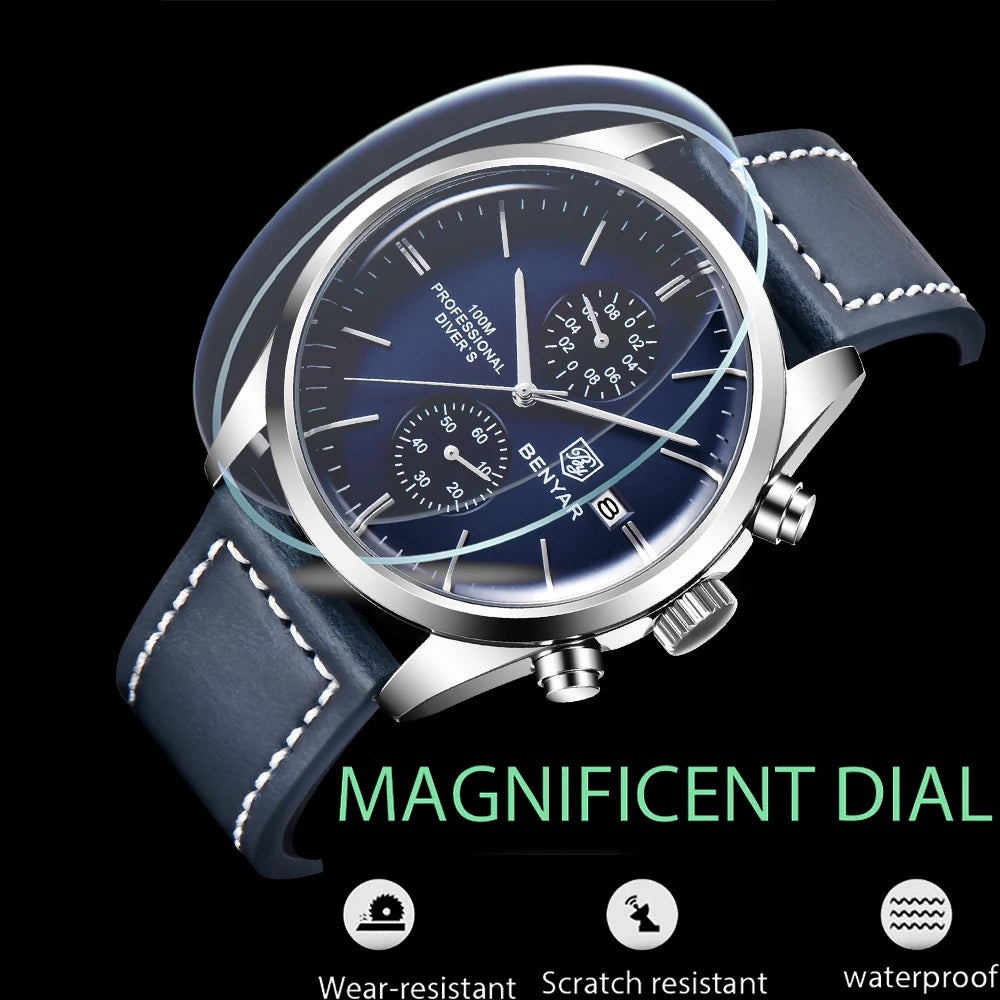 Relógio de pulso de homem BENYAR, modelo 2024, em pele, quartzo, marca de luxo, resistente à água até 100 metros, estilo militar desportivo, cronógrafo.
