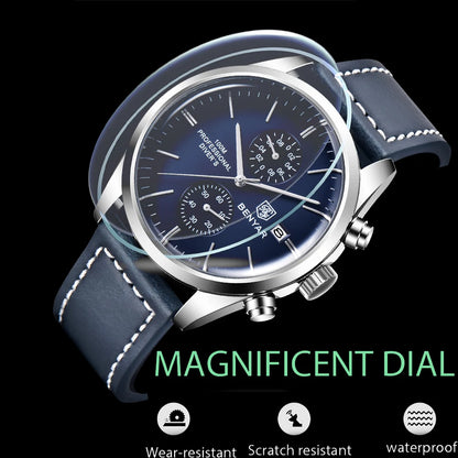 Relógio de pulso de homem BENYAR, modelo 2024, em pele, quartzo, marca de luxo, resistente à água até 100 metros, estilo militar desportivo, cronógrafo.