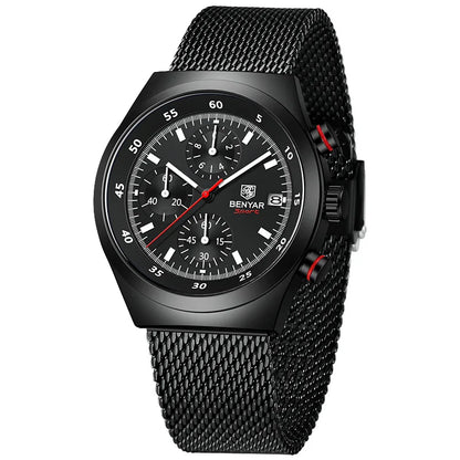 Benyar Men's Quartz Watch Simple Design Waterproof Chronograph Sports Watch Luminous Timer Stopwatch Business Wristwatch For Man